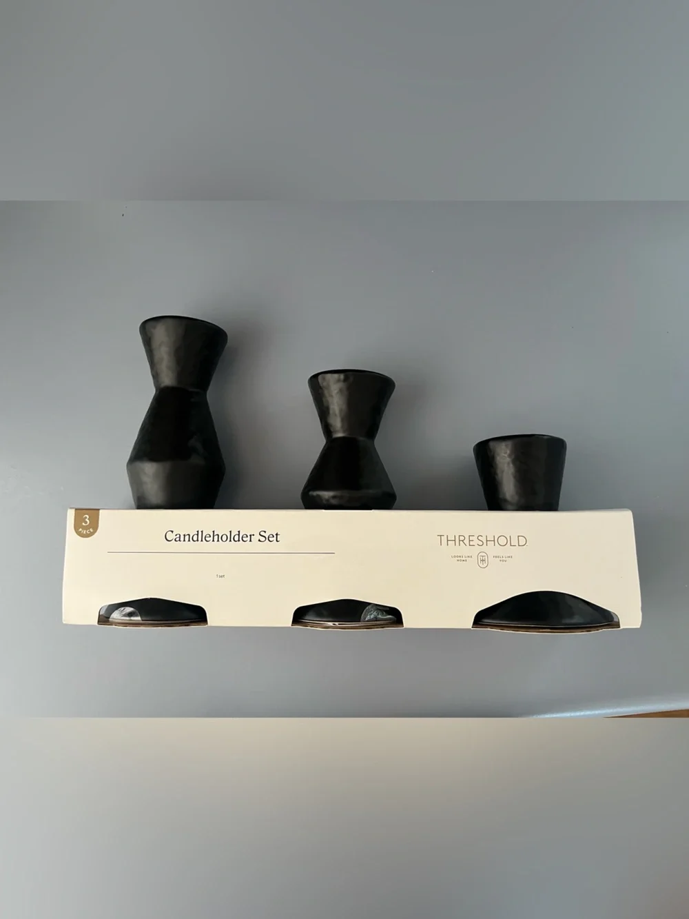 NIB Threshold Matte Black Ceramic 3-Piece Candleholder Set